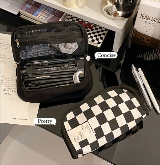 Kawaii Checkerboard Pencil Case Lattice Large Capacity Pencil Bag for girls Stationery box Canvas Estuche Multifuncional Lapices - Image 5